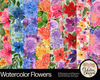 Floral Watercolor Digital Paper Pack - Watercolor Flowers Digital Scrapbook Paper, Flower Background Textures, Scrapbooking Paper Pack