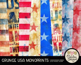 Grunge USA Digital Backgrounds - July 4th Monoprint Painted Digital Scrapbook Paper Pack, Independence Day, Scrapbooking Paper Textures