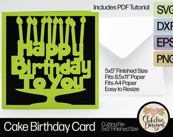 Happy Birthday Cake Card SVG Cutting File, 5" Square Unisex Birthday Card SVG, Dxf Card, EPS, Gender Neutral Birthday Card & Pdf Tutorial