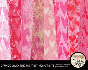 Valentine Hearts Digital Paper Pack - Grunge Monoprint Painted Hearts Digital Scrapbook Paper, Background Textures, Scrapbooking Paper