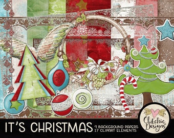 Christmas Digital Scrapbook Kit - Christmas Digital Scrapbooking Clipart - Digital Paper Pack & clip art, Digital Kit, Christmas Scrapbook