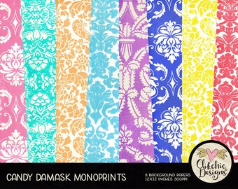 Damask Digital Paper Pack - Candy Damask Monoprint Painted Shabby Digital Scrapbook Paper, Background Textures, Scrapbooking Paper Pack