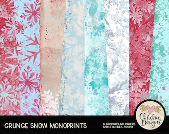 Grunge Snowflake Digital Paper Pack - Grunge Snowflake Christmas Digital Scrapbooking, Digital Scrapbook Paper, Painted Monoprint Paper Pack