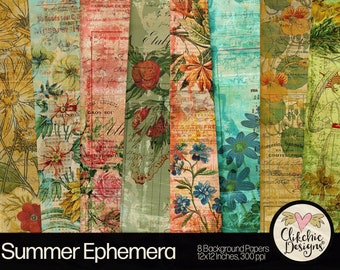 Summer Ephemera Digital Paper Pack: Vintage Scrapbook Backgrounds (Digital Download)