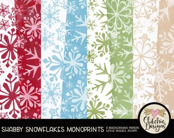 Snowflake Digital Paper Pack - Shabby Snowflake Christmas Digital Scrapbooking, Digital Scrapbook Paper Pack, Painted Monoprint Paper Pack