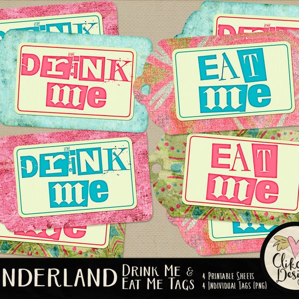 Alice in Wonderland Tags - Drink Me & Eat Me Tags Printable Collage Sheets. Birthday Party Gift Tags, Printable Alice Tags, Wonderland Party