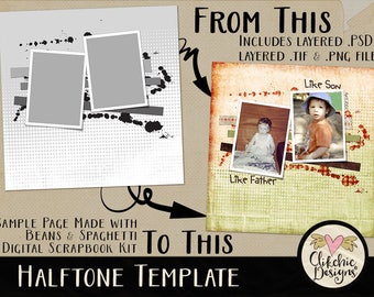 Layered Photoshop Template - Halftone 2 Photo Template - 12x12 Layered Digital Scrapbook Template - Psd Template, Photography Template