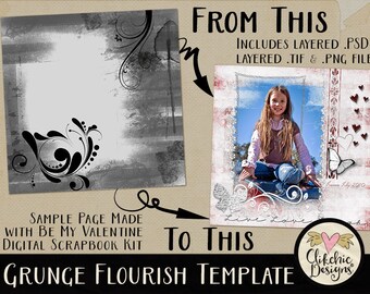 Grunge Flourish 12x12 Digital Scrapbook Template (PSD, TIF, PNG)