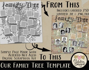 Family Tree Template - Vintage Genealogy Template - 12x12 Digital Scrapbook Template - layered template, photo template, Photoshop template