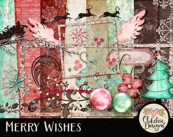 Christmas Digital Scrapbook Kit Clip Art - Merry Wishes Digital Embellishments & Papers