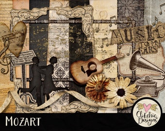 May include: A vintage-style digital collage featuring musical notes, a guitar, a gramophone, and a silhouette of a couple dancing. The text "MUSIC TO MY EARS" and "MOZART" are also included in the collage.