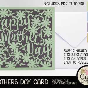Moederdagkaart SVG-bestand snijden, 5" vierkante Happy Mothers Day Card gesneden bestand, dxf-kaart, eps, handgemaakte hart Moederdagkaart en pdf-zelfstudie