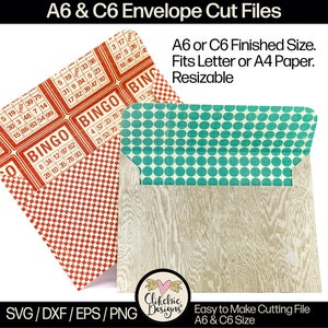 A6 封筒 SVG カッティング ファイル、C6 封筒テンプレート カット ファイル、PNG テンプレート、DXF 封筒、カッティング テンプレート、Eps ファイル、レターと A4 用紙に適合
