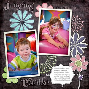 May include: Two children are playing in a pink and blue inflatable jumping castle. The castle is decorated with colorful flowers and the text "Jumping Castle" is written in a whimsical font. The image is set against a dark gray background.
