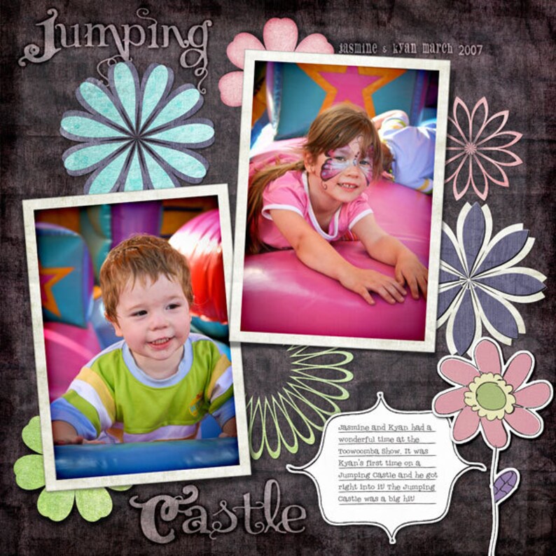 May include: Two children are playing in a pink and blue inflatable jumping castle. The castle is decorated with colorful flowers and the text "Jumping Castle" is written in a whimsical font. The image is set against a dark gray background.