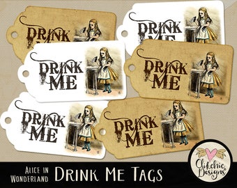 Alice au pays des merveilles Tags - Drink Me Tags Feuille imprimable - Drink Me Tag Collage Sheet, Gift Tags, Birthday Tags, Printable Tags, Alice Tags
