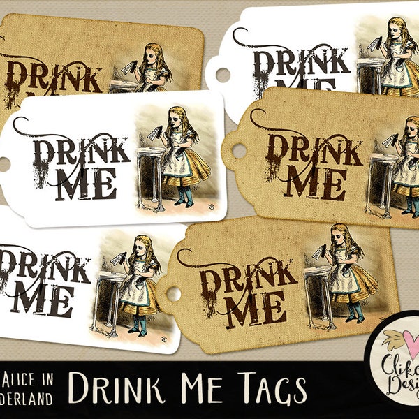 Alice In Wonderland Tags - Drink Me Tags Printable Sheet - Drink Me Tag Collage Sheet, Gift Tags, Birthday Tags, Printable Tags, Alice Tags