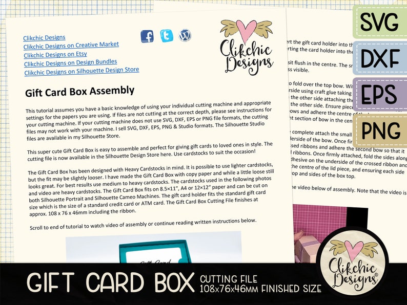 Peut inclure: Un graphique de c&oelig;ur rose et blanc avec des ailes pour un fichier de d&eacute;coupe de bo&icirc;te &agrave; carte cadeau. Le graphique est intitul&eacute; "Clikchic Designs". Le texte "Gift Card Box Cutting File 108x76x46mm Finished Size" est sous le graphique. L'image comprend &eacute;galement un tutoriel pour assembler la bo&icirc;te &agrave; carte cadeau.