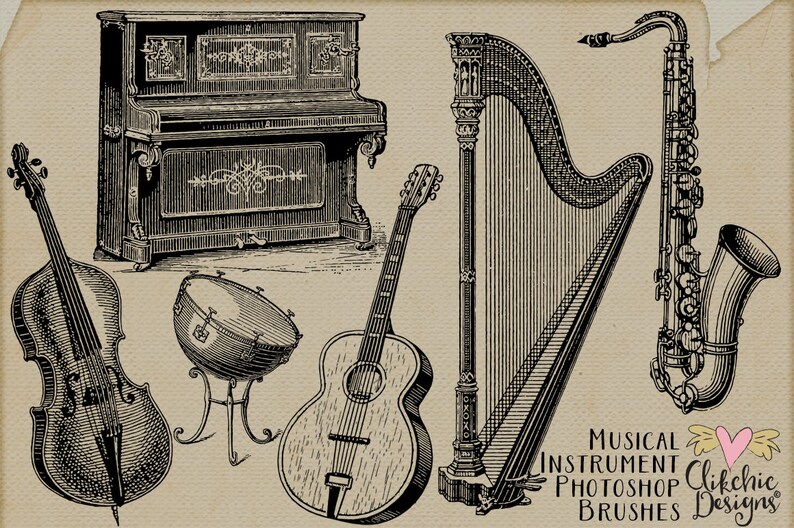 May include: A collection of vintage musical instruments, including a harp, a saxophone, a cello, a guitar, a drum, and a piano. The instruments are drawn in black and white and have a vintage aesthetic.