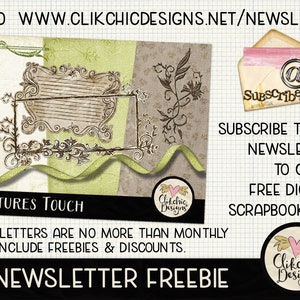 May include: A digital scrapbook kit is being offered as a freebie for subscribing to a newsletter. The image features a vintage-style design with a green and brown color scheme. The text "Natures Touch" and "NEWSLETTER FREEBIE" are visible. The text "SUBSCRIBE TO MY NEWSLETTER TO GET A FREE DIGITAL SCRAPBOOK KIT." is also visible.