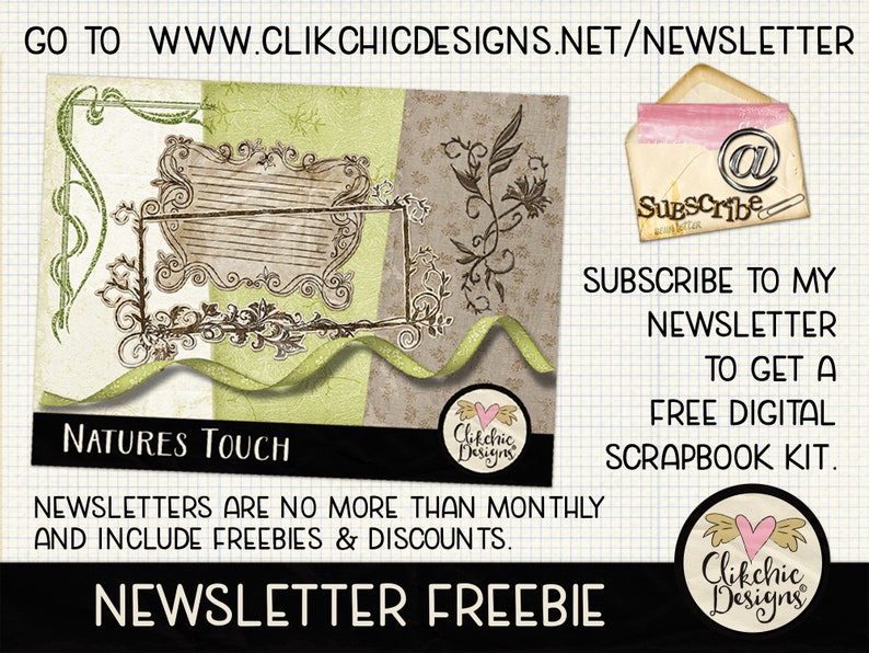May include: A digital scrapbook kit is being offered as a freebie for subscribing to a newsletter. The image features a vintage-style design with a green and brown color scheme. The text "Natures Touch" and "NEWSLETTER FREEBIE" are visible. The text "SUBSCRIBE TO MY NEWSLETTER TO GET A FREE DIGITAL SCRAPBOOK KIT." is also visible.
