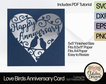 Happy Anniversary Card SVG Cutting File, 5" Square Anniversary Card Cut File, Dxf Card, EPS, Handmade Heart Anniversary Card & Pdf Tutorial