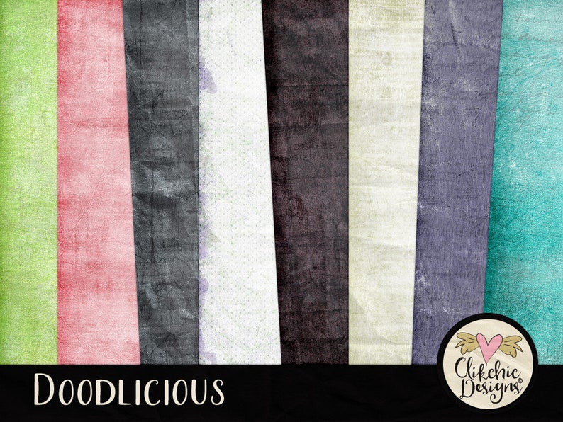 May include: A set of 8 digital paper textures in various colors, including green, pink, gray, white, black, and blue. The papers have a distressed, textured look. The text "Doodlicious" is at the bottom of the image.