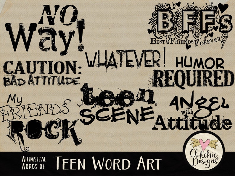 Teen Word Art Clipart, Teenage Digital Scrapbook Clip Art Teen Typography Clipart Overlays, Teen Word Art Clip Art, Teenage Word Art image 1