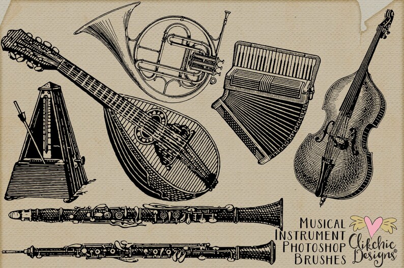 May include: A set of black and white illustrations of musical instruments, including a clarinet, a mandolin, a French horn, an accordion, a cello, and a metronome. The illustrations are in a vintage style and would be perfect for use in scrapbooking, card making, or other craft projects.