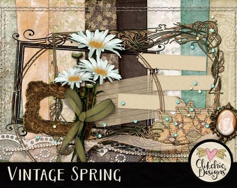 Vintage Digital Scrapbook Kit Clip Art - Vintage Spring Shabby Heritage Digital Scrapbooking Elements & Papers, Mothers Day Scrapbooking Kit