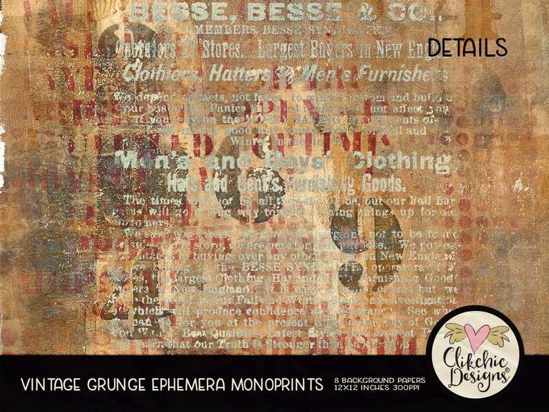 Grunge Digital Paper Pack Vintage Grunge Ephemera Monoprint Painted Digital Scrapbook Paper Pack, Background Textures, Scrapbooking image 6