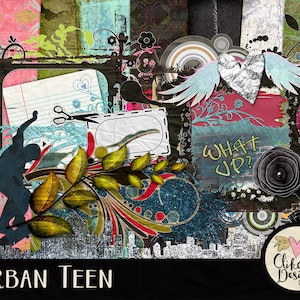Kit de álbum de recortes digital para adolescentes, imágenes prediseñadas, adolescentes urbanos, papeles y elementos de álbum de recortes digitales grunge para adolescentes, kit digital urbano para niños, kit para adolescentes