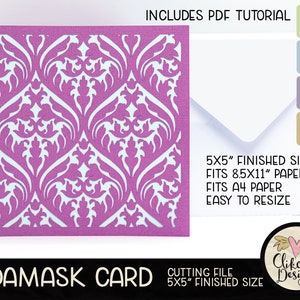 Filigrane Damast Karte SVG Schneidedatei, 5 "Quadrat Filigrane Damast Karte Schnittdatei, Dxf Karte, EPS, handgemachte filigrane Damast Karte & Pdf Tutorial