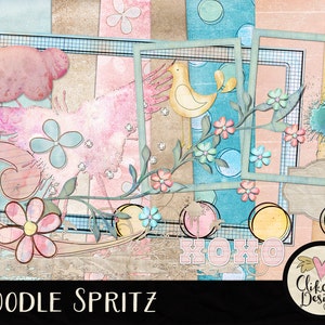 Spring Digital Scrapbook Kit ClipArt - Spring Pastel Doodle Spritz - Shabby Watercolor Digital Scrapbooking Papers & Elements, Digital Kit