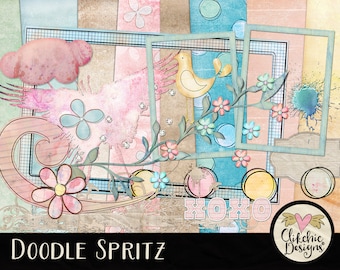 Spring Digital Scrapbook Kit ClipArt - Spring Pastel Doodle Spritz - Shabby Watercolor Digital Scrapbooking Papers & Elements, Digital Kit