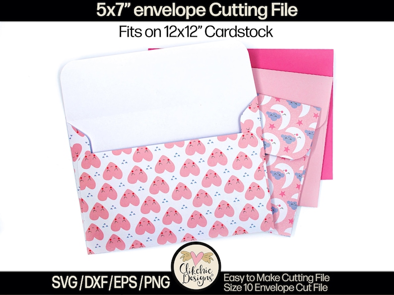 May include: A digital cutting file for a 5x7 inch envelope with a pink and white heart pattern. The file is designed to fit on 12x12 inch cardstock. The text "Easy to Make Cutting File" and "Size 10 Envelope Cut File" is included in the image.