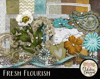 Floral Scrapbook Kit: Fresh Flourish Papers and Clip Art (Digital Download)
