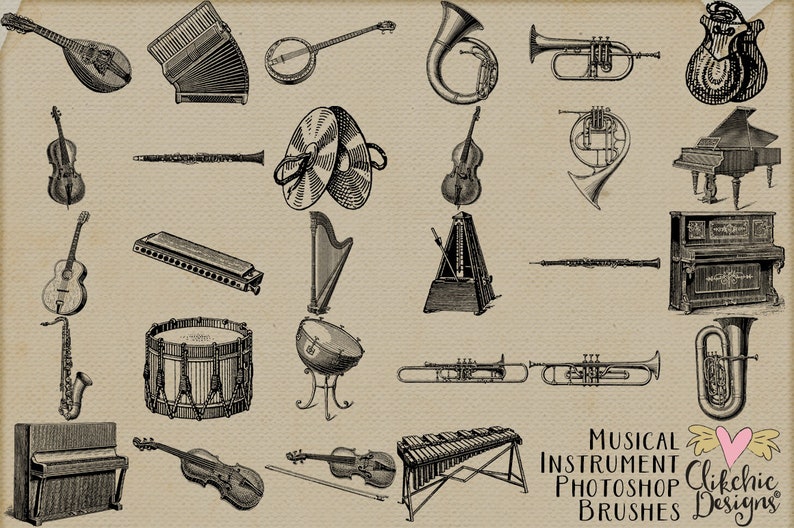 May include: A collection of 20 vintage illustrations of musical instruments, including a piano, violin, trumpet, guitar, harp, drums, and more. The illustrations are in black and white and have a detailed, intricate style.