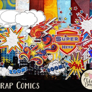 Comic-Buch Digitales Scrapbook Kit Clip Art - Superheld Digitales Scrapbooking Kit Scrapbook Comics, Superheld Digitales Kit, Comic Buch Clipart