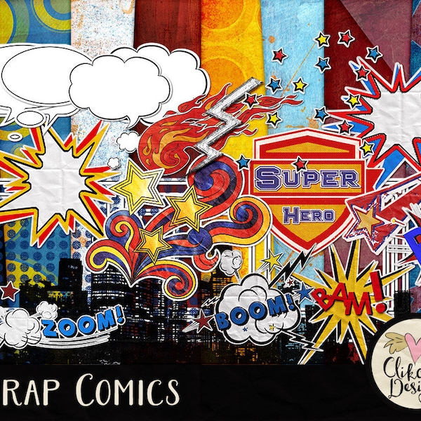 Comic Book Digital Scrapbook Kit Clip Art - Super Hero Digital Scrapbooking Kit Scrapbook Comics, Super Hero Digital Kit, Comic Book Clipart