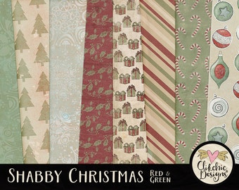 Shabby Chic Christmas Digital Paper Pack: Red & Green (Digital Download)
