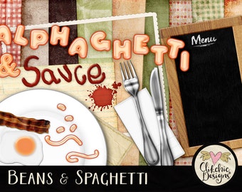 Food Digital Scrapbook Kit Clipart - Beans & Spaghetti Breakfast Digital Clip Art Kit - Digital Kit, Cooking Digital Scrapbooking Clipart