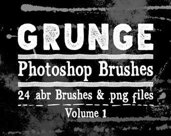 Grunge Photoshop Brushes: 24 Texture Clipart .png .abr (Digital Download)