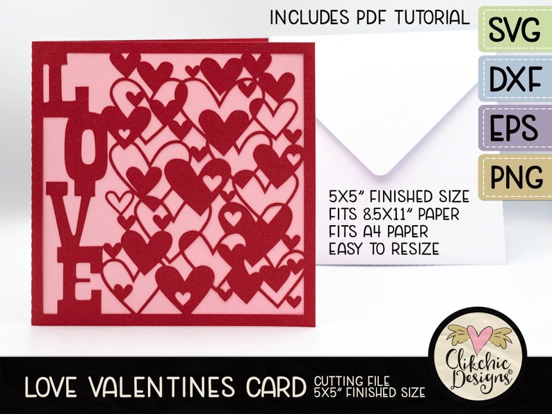 Love Card SVG Cutting File, 5 Square Romantic Heart Love Card SVG Cut File, Dxf Card, EPS, Handmade Valentine Love Svg Card & Pdf Tutorial image 1