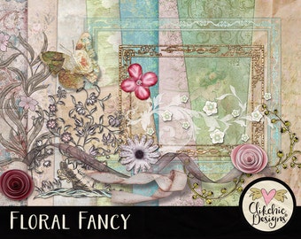 Floral Digital Scrapbook Kit: Shabby Cottage Chic Ephemera (Digital Download)