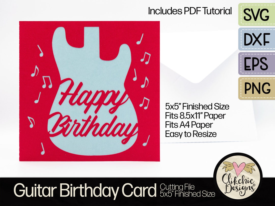 Gitarre Alles Gute zum Geburtstag Karte SVG Schneidedatei, 5 "Quadrat