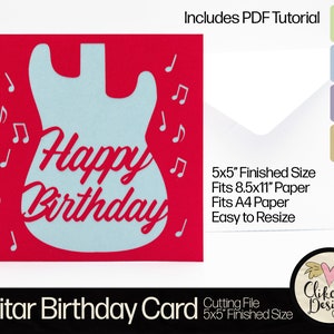 Gitarre Alles Gute zum Geburtstag Karte SVG Schneidedatei, 5 "Quadrat Geburtstagskarte Schnittdatei, Dxf Karte, EPS, Unisex Gitarre Geburtstagskarte & Pdf Tutorial