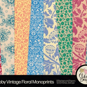 Shabby Vintage Foral Monoprint Paper Pack - Vintage Painted Shabby Digital Scrapbook Paper, Background Textures, Scrapbooking Paper Pack