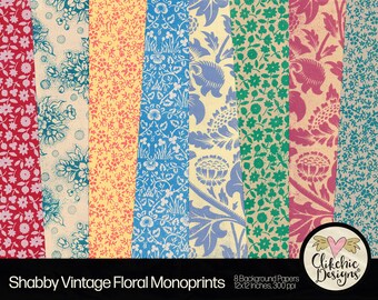 Vintage Floral Monoprint Paper: Shabby Chic Scrapbook Backgrounds (Digital Download)