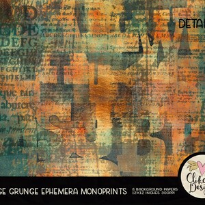 Grunge Digital Paper Pack Vintage Grunge Ephemera Monoprint Painted Digital Scrapbook Paper Pack, Background Textures, Scrapbooking image 3